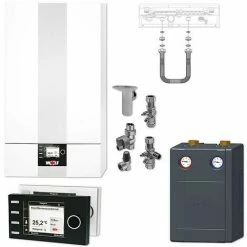 WOLF CGB-2 24 KW Gasbrennwert-Heizungspaket Mit Bedienmodul BM-2 In Schwarz Und Verrohrungsgruppe Heizkreis